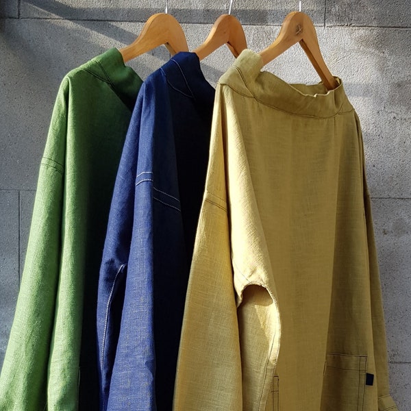 100% Linen Fisherman / Artists smock top available in Navy, Chartreuse and Olive Green