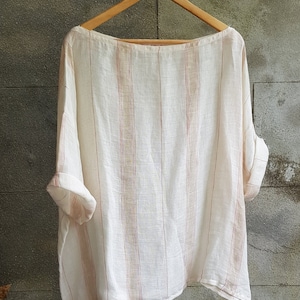 Linen Summer Top - Oversized - Natural/peach Stripe on cream linen muslin