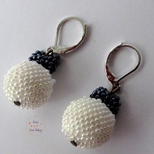 delicate pearl earrings with bows in spherical shape made of mini glass beads. Gift for women and girls