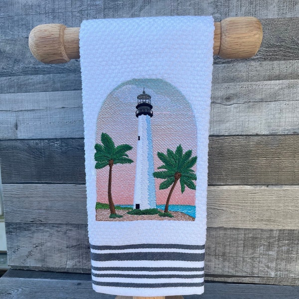 Cape Florida Lighthouse Embroidered Towel, Lighthouse Towel, Embroidered towels, Florida Tea Towel,