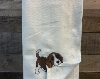 Embroidered Beagle Tea Towel, Playful puppy Kitchen Decor