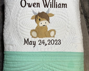 Embroidered Baby Quilt, Highland Cow Baby Quilt, Keepsake Quilt, Heirloom Baby Quilt, Monogram Baby Quilt, Personalized Baby Quilt,