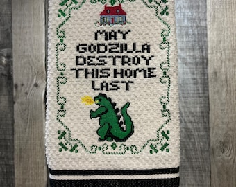 Godzilla Embroidered Towel, Funny towels, Embroidered towels, Novelty Towels, May Godzilla Destroy this house Last Towel