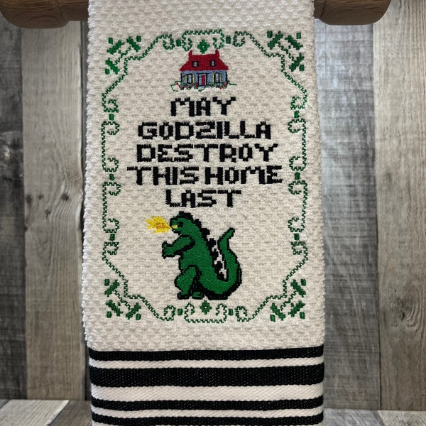Godzilla Embroidered Towel, Funny towels, Embroidered towels, Novelty Towels, May Godzilla Destroy this house Last Towel