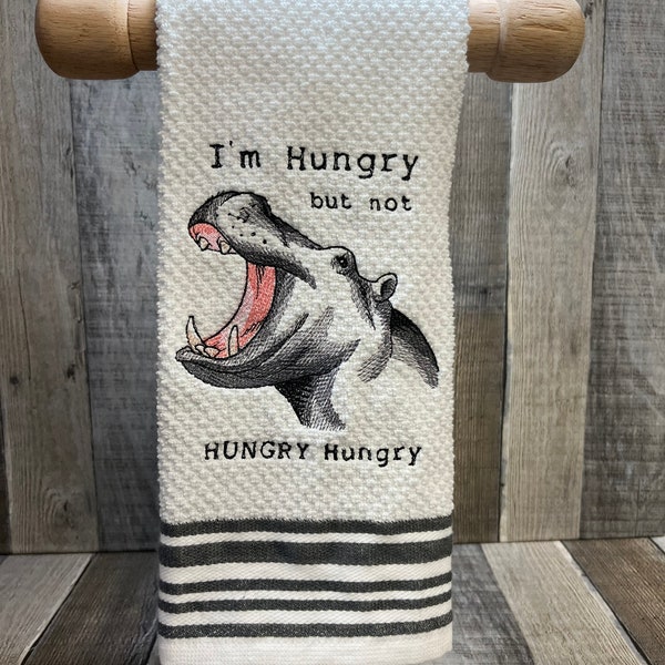 Hungry Hippo Embroidered Tea towel, Hippo Tea Towel Embroidered Hand Towel, Embroidered Towels, Funny Towel, Kids towel, Hippo Lover Gift