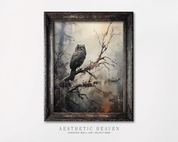 Rustic Owl Painting | Moody Autumn Wall Art | Spooky Halloween Print | Owl Wall Art Painting | Dark Academia Art| Halloween Poster | HW_40