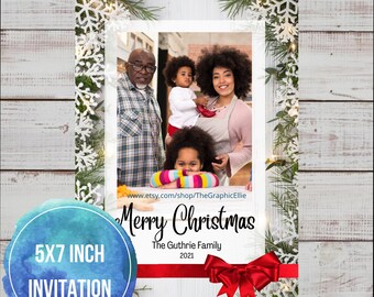 Sneeuwvlok kerstkaart met fotosjabloon afdrukbare kerstkaart foto kerstkaart bewerkbaar, INSTANT DOWNLOAD, 5x7, Canva