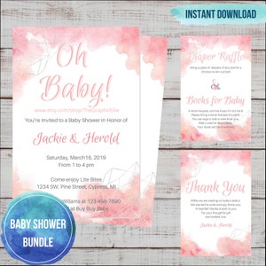 Blush Pink Baby Shower Invite 5x7, Pink Crystal Watercolor, Baby Shower Invitation, Printable, editable, Digital download, Canva, WARIDI
