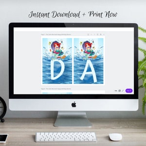 May include: A computer screen displaying a printable birthday banner featuring a mermaid character with the letters "DA" in a blue ocean background. The text "Instant Download + Print Now" is displayed at the top of the screen.