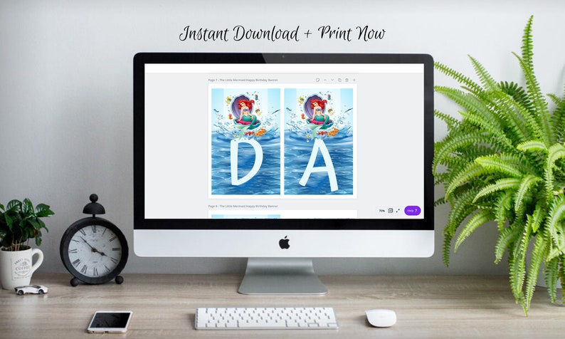 May include: A computer screen displaying a printable birthday banner featuring a mermaid character with the letters "DA" in a blue ocean background. The text "Instant Download + Print Now" is displayed at the top of the screen.