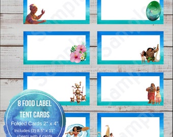 Moana-voedseltentetiket, Moana-voedseletiket, Moana-voedselkaarten, prinses-voedseletiket, voedseletiket, Moana-voedsellabel, opvouwbare buffettafelkaart