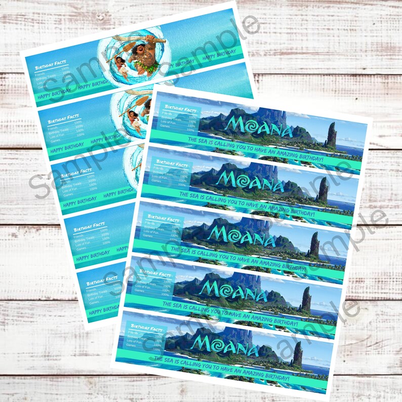 May include: Eight printable Moana themed water bottle labels. The labels feature a blue and green ocean scene with a tropical island and the text "The sea is calling you to have an amazing birthday!"  The labels are perfect for a Moana themed birthday party.
