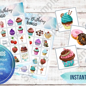 Sweet Treats Cupcake Bingo Game, Kids Game, Dessert Birthday Game, Party Favor, Bingo Party Games, Games, Watercolors