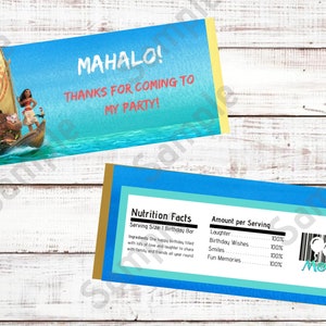 May include: A blue and yellow chocolate bar wrapper featuring a cartoon image of Moana and Maui in a boat. The text on the wrapper reads "Mahalo! Thanks for coming to my party!" and "Nutrition Facts" with a list of ingredients. The wrapper also includes a barcode and the word "Moana" printed on it.