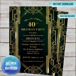 Invitación de cumpleaños sorpresa estilo Gatsby EDITABLE 5x7, invitación a fiesta sorpresa de oro imprimible, Shh es una invitación de cumpleaños sorpresa