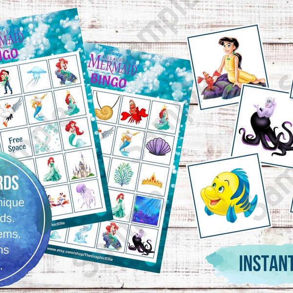 Little Mermaid Bingo Game, Printable, Kids Game, Mermaid Birthday Game, Party Favor, Bingo Party Games, Mermaid Party,Games,Instant Download