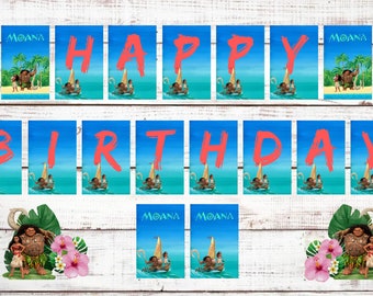 Bannière Moana, bannière bricolage, fournitures de fête, fête d'anniversaire, bannière imprimable, bannière numérique, signes, étiquettes, étiquettes, clipart, téléchargement numérique