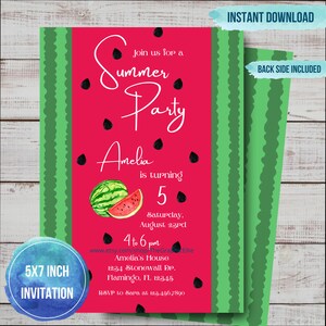Watermelon Invite 5x7, Watermelon Birthday Invitation, Watermelon Party, Summer Party, Pool Party, EDITABLE, INSTANT DOWNLOAD, 5x7, Canva