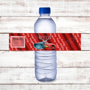 Etiqueta de botella de agua de coches, etiqueta de botella de coches, etiqueta de agua, cumpleaños de coches, fiesta de coches, invitación de coches, iluminación McQueen, coche de carreras, coche rojo