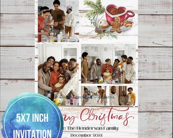 May include: A 5x7 inch Christmas invitation with a collage of photos of a family. The invitation has a white woodgrain background with a red and white gingerbread man and a red mug of hot chocolate with a heart shape. The text on the invitation reads "Merry Christmas" and "The Henderson Family" in red cursive font. The date "December 2021" is printed in black below the family name.