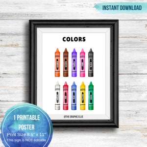 Carteles de aprendizaje educativo en acuarela, crayones verticales, sala de juegos Montessori, impresión de pared para niños, impresiones de educación en el hogar, impresión en el aula, aprender colores