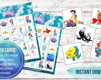Little Mermaid Bingo Game 20, Printable, Kids Game, Mermaid Birthday Game, Party Favor, Party Games, Mermaid Party, Games, Instant Download