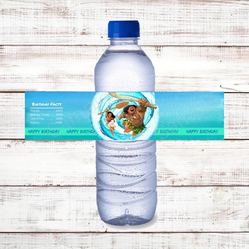 May include: Water bottle label with a blue background and a cartoon image of Moana and Maui from the Disney movie Moana. The label has the text "Birthday Facts" and lists friends, birthday treats, lots of fun, and games as 100%. The label also has the text "Happy Birthday" repeated four times.