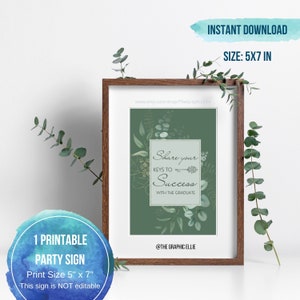 Dark Sage Green Botanical Grad Keys to Success Sign, Advice Sign, Graduation Party Sign, High School College, Well Wishes For The Graduate