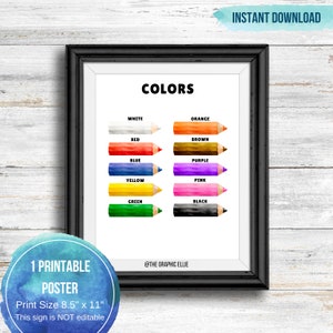 Carteles de aprendizaje de educación en acuarela, lápices de colores, sala de juegos Montessori, impresión de pared para niños, impresiones de educación en el hogar, impresión en el aula, aprender colores
