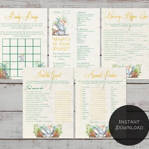 Elephant Baby Shower Games Package, watercolor printable INSTANT DOWNLOAD digital files