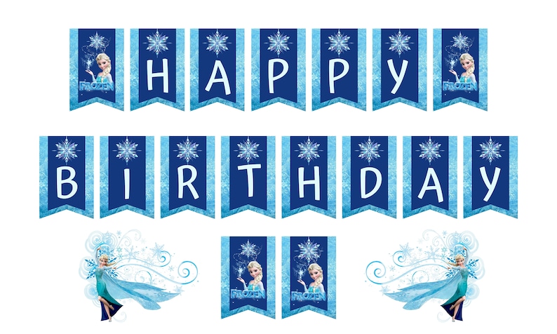 May include: A blue and white banner with the words "Happy Birthday" and images of Elsa from the movie Frozen. The banner is made of paper and has a snowflake design.