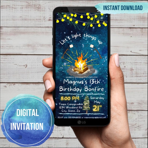 Bonfire Birthday Mobile Evite, Backyard Bonfire Birthday Invitation, Teen Party, 13th Birthday, Text Blue Invite, EDITABLE, INSTANT DOWNLOAD