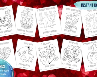 Valentines Day Coloring Cards, 20 cards, Printable, Kids fun, Party Favor, Classroom Cards, Coloring for Boys and Girls, Instant Download