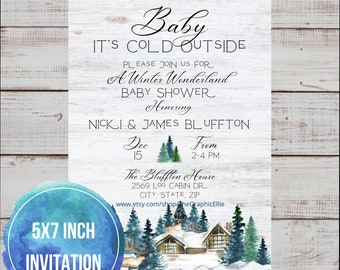 Winter Forest PINE TREE 5x7 Baby Shower Invitation Template, Rustic Woodland Baby Shower Printable, Snowy Forest, Instant Download, Canva