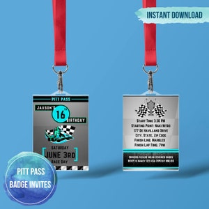 Go Kart Blue Pitt Pass Badge Birthday Invite, VIP Badge, Go Kart Party, Karting Party, Go Kart Birthday Racing Birthday Party, Self Editing