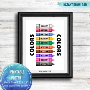 Carteles de aprendizaje de educación en acuarela, crayones grandes, sala de juegos Montessori, impresión de pared para niños, impresiones de educación en el hogar, impresión en el aula, aprender colores