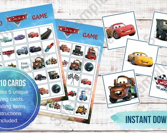 May include: A set of 5 Cars bingo cards with 24 calling items. The cards feature characters from the Disney Pixar movie Cars, including Lightning McQueen, Mater, and other race cars. The cards are 8x10 inches and are perfect for a Cars-themed party.