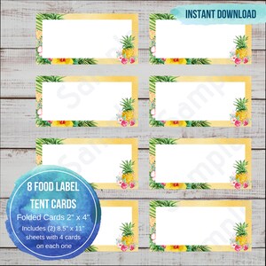 Étiquette de tente de nourriture d'ananas, partie comme une étiquette de nourriture d'ananas, cartes de nourriture d'été, étiquette jaune de nourriture, étiquette de nourriture, carte pliable de table de buffet