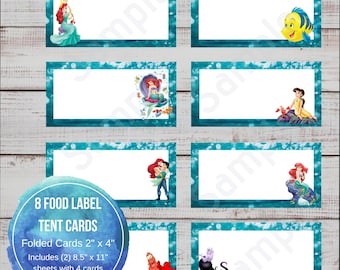 Mermaid Food Tent Label, Ariel Food Label, Mermaid Food Cards, Princess Ariel Food Label, Food Label, Food Tag, Foldable Buffet Table Card
