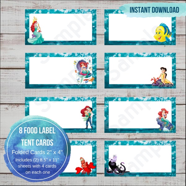 Mermaid Food Tent Label, Ariel Food Label, Mermaid Food Cards, Princess Ariel Food Label, Food Label, Food Tag, Foldable Buffet Table Card