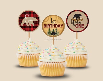 Lumberjack Cupcake toppers, Buffalo Plaid Cake Toppers, Wild One Topper, Wilderness Bear, Rustic Boy,Cub Printable Template Instant Download