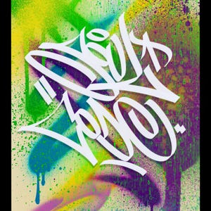 May include: Abstract graffiti art with a vibrant color palette. The artwork features a white stylized word over a background of green, yellow, blue, and purple spray paint. Splatter and drips add texture to the design.