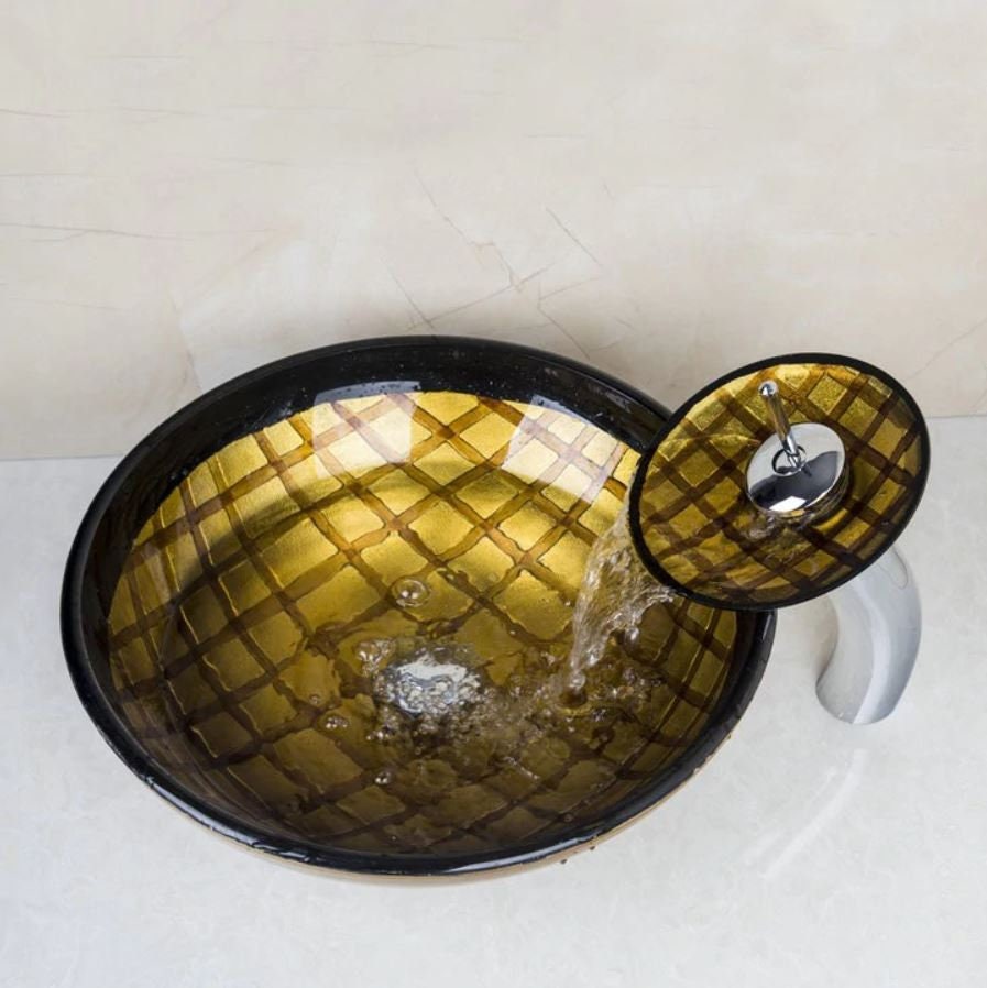 Lavabo del recipiente del baño con el grifo de la cascada set | Etsy