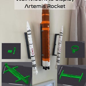 Puede incluir: Un soporte de pared impreso en 3D para exhibir un cohete modelo. El soporte está diseñado para sostener un cohete Lego, pero las piezas de Lego no están incluidas. El soporte está hecho de plástico blanco y tiene una base negra. El soporte se muestra en una pared blanca con una cortina en el fondo. El texto "STL Files to 3D Print Wall Mount to display Artemis Rocket" está en la parte superior de la imagen. El texto "Lego Not Included" está en la parte inferior de la imagen.