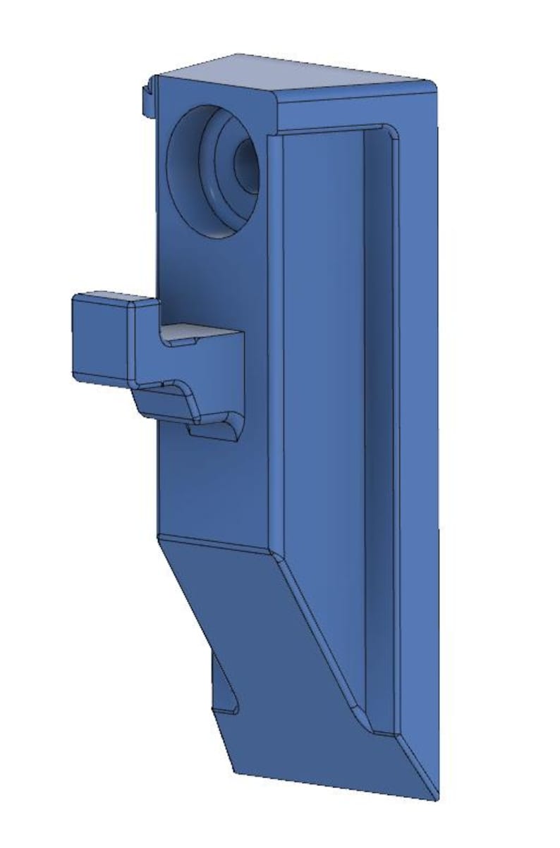 May include: A blue plastic door stop with a hook on the side. The door stop has a round hole in the top.