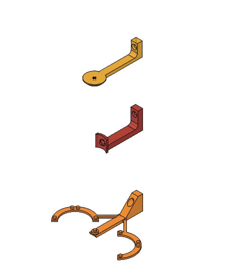 May include: Three 3D printed plastic brackets in different colors: orange, yellow, and red. The brackets are designed to be mounted to a wall or other surface.