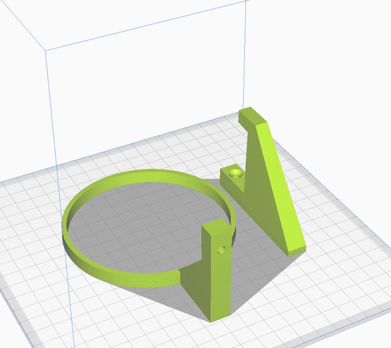 May include: A 3D printed green plastic holder for a circular object, such as a cup or a plate. The holder has a base and a ring that can be adjusted to fit different sizes.