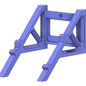 May include: A blue 3D printed wall mount with a rectangular opening in the center. The mount has a triangular shape with a decorative design.