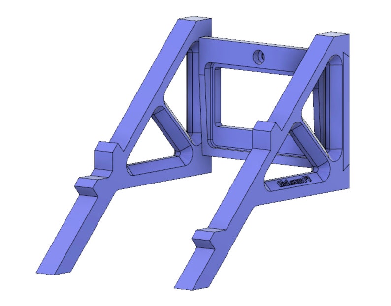 May include: A blue 3D printed wall mount with a rectangular opening in the center. The mount has a triangular shape with a decorative design.