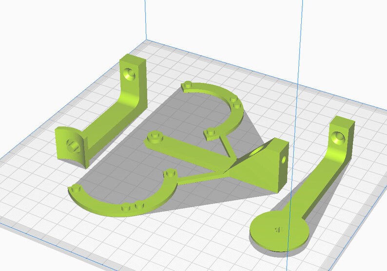 May include: Five lime green 3D printed parts for a project. The parts are a curved bracket, a straight bracket, a small round piece, and two larger curved brackets.